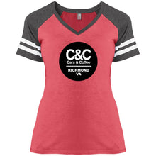 Load image into Gallery viewer, C&amp;CR Ladies&#39; Game V-Neck Tee (Round Logo)